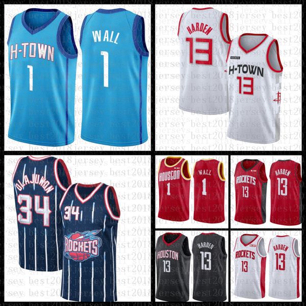 

2021 new basketball jersey houston rocket mens john 1 wall james 13 harden hakeem 34 olajuwon mesh retro men's, Black;red
