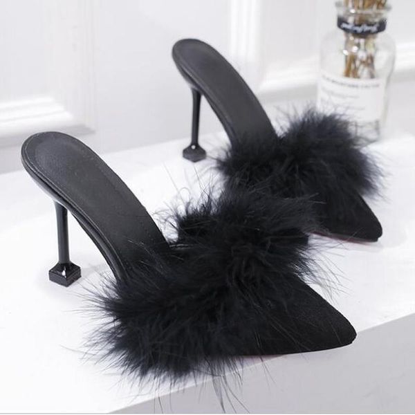 

coolsa women's quality lazy furry middle heel slippers fashion real fur plush slides party large size sandals, Black