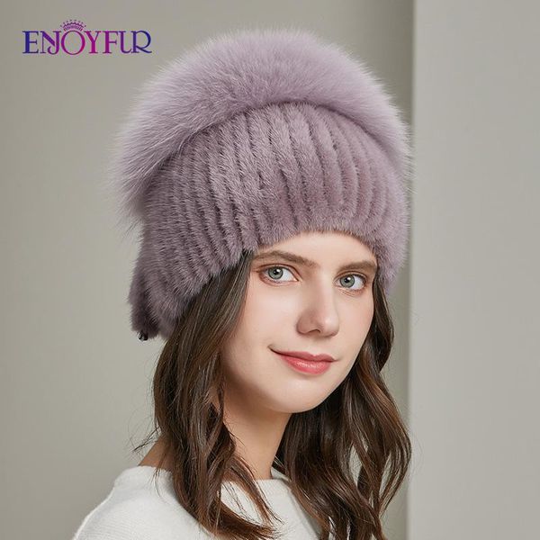 

beanie/skull caps enjoyfur winter women mink hats natural fur warm earflap bonnets fashion cute tail female windproof ski beanies, Blue;gray