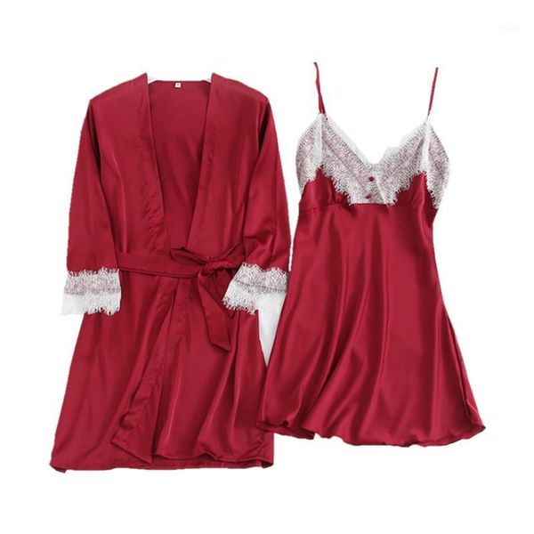

summer female nightgown pajamas sling nightdress two-piece silk home service thin section1, Black;red