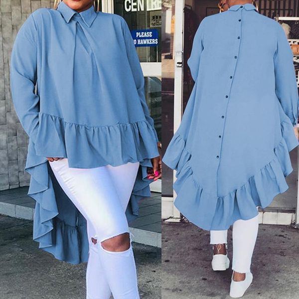 

celmia women asymmetrical 2021 fashion blouses solid back buttons ruffles shirts lapel long sleeve casual blusas femininas, White