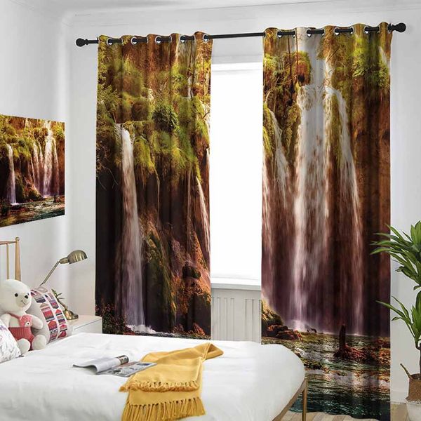 

thermal insulated room darkening window shade waterfall cascade forest tree moss lake stones rocks wonder of the world image curtain