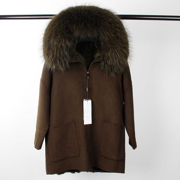 

new winter parka wool cashmere coat women fur jacket overcoat collar hooded rex rabbit fur liner 201112, Black