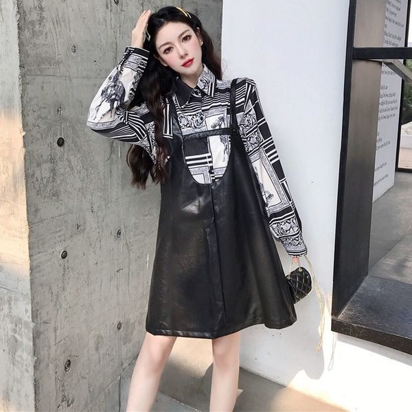 

autumn 2020 new loose printed shirt + leather suspender skirt 2-piece fashion suit for women