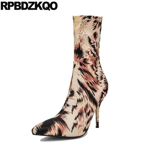 

big size pointed toe high heel cheetah stiletto mid calf extreme designer shoes women luxury 2020 fetish crossdresser boots, Black