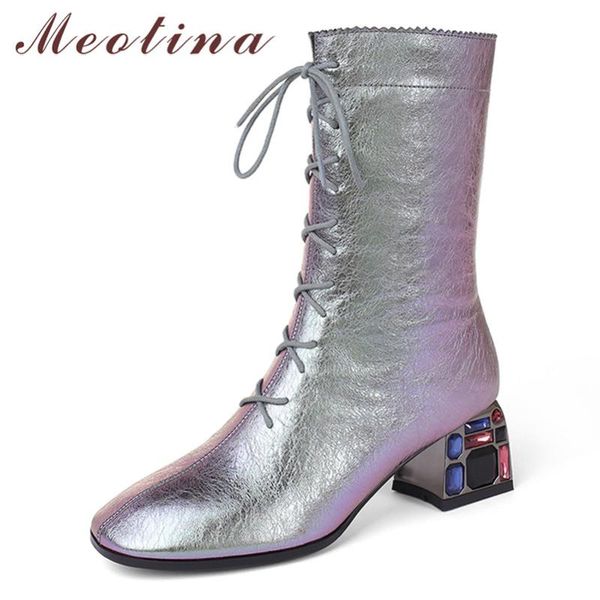

boots meotina winter mid calf women natural genuine leather chunky high heel short rhinestone zipper shoes lady fall 4-10, Black