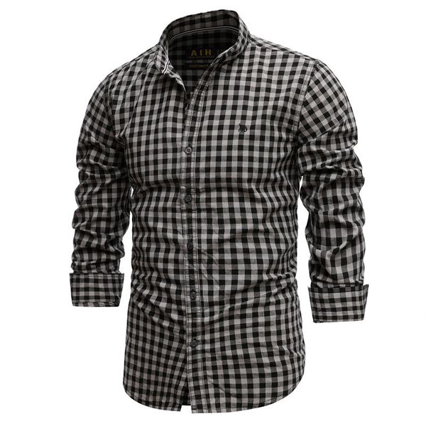 

2021 new spring 100% cotton plaid casual slim fit men long sleeve men's social shirt shirts, White;black