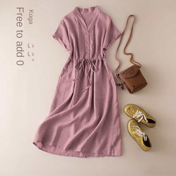 

t4akn and summer dresslong skirt dress women's cotton and linen dress slimming 8962d aging fashionable linen v-neck simple mid-length s, Black;gray