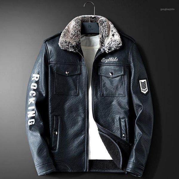 

2020 men leather jacket with fur collar biker outwear bomber jacket winderbreaker pu motorcycle leather jackets male fur coat1, Black