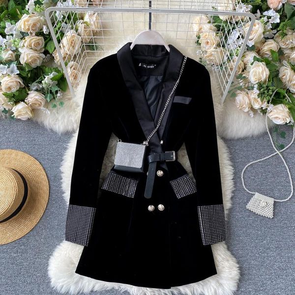 

deat 2020 autumn winter women new fashion long sleeve v-neck office lady high waist double breasted slim dress rc617, Black;gray