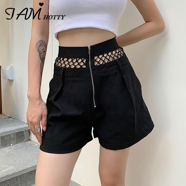 

iamy hollow out patchwork fishnet short women loose high waist zipper punk biker shorts femme gothic clothese summer, White;black