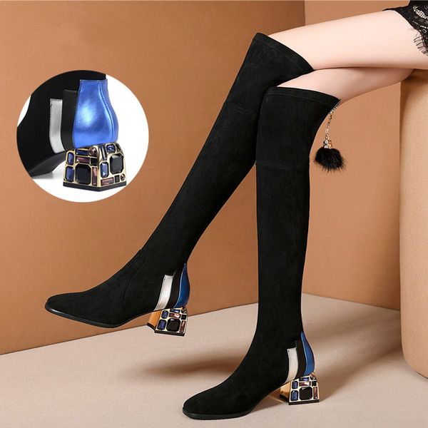 women bootsSexy Über Das Knie Stiefel Frauen Winter Hohe Stiefel Strass Dicken Absätzen Stretch Kniehohe Stiefel Winter Schuhe Botas Mujer