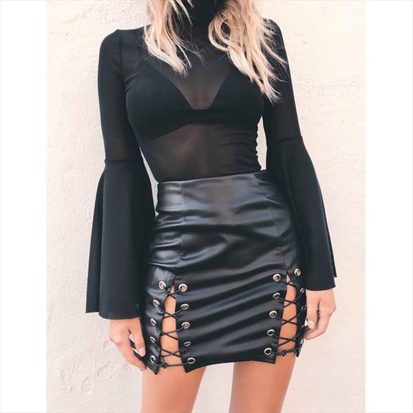 

cross pencil skirt women elegant hollow out short skirt autumn pu leather casual split high waist bodycon black