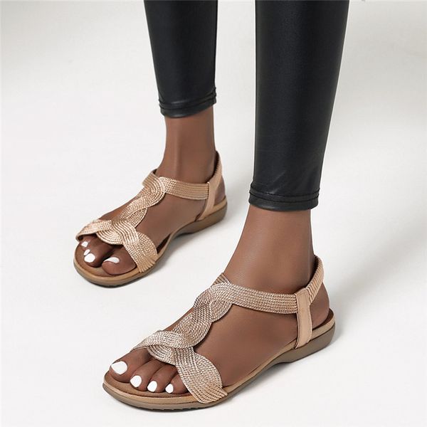 

2020 new summer women sandals flats casual t-strap gladiator sandals bling gold silver knitted beach flat shoes women fashion t200515, Black