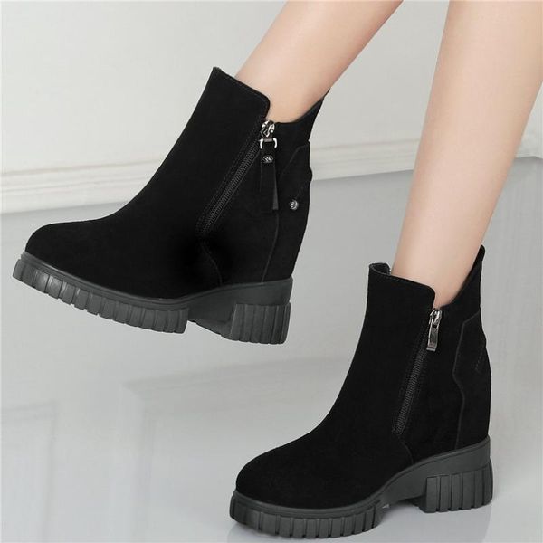 

fashion sneakers women black genuine leather high heel ankle boots female round toe platform pumps shoes casual shoes creepers