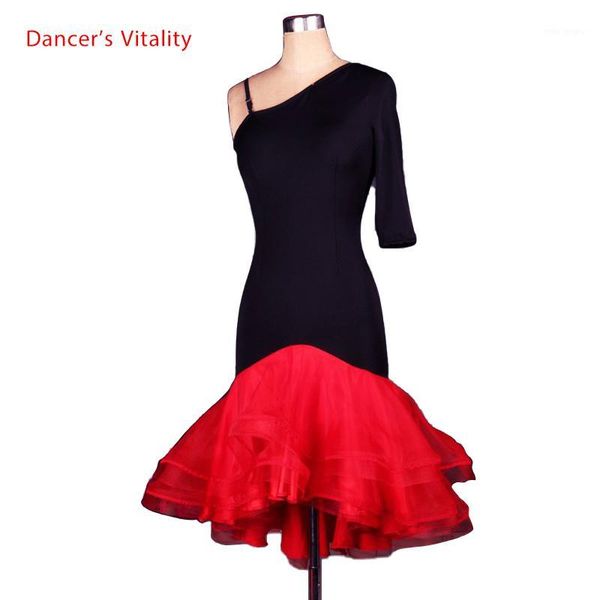 

new latin dance costumes senior spandex single sleeves latin dance dress for women competition dresses1, Black;red