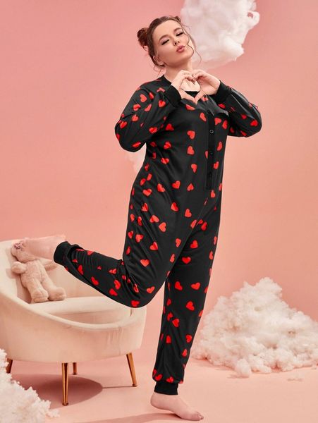 

plus heart print half button sleep jumpsuit w62f#, Black;white
