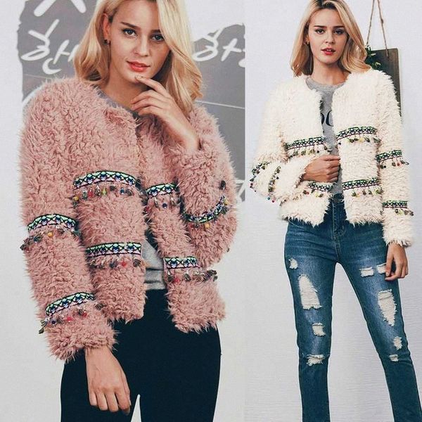 

womens winter boho faux lambs wool fringe jacket fashion coats plus size short fuzzy jackets female vintage warm outerwear italian lea ohzp#, Black;brown