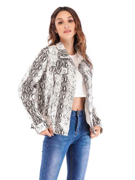 

autumn women blazer snake printed long sleeve cardigan coat turn-down outerwear jacket outwear ladies blazer femme jackets, White;black