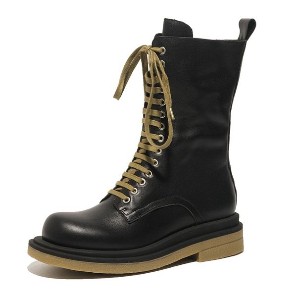 

2021 new fashion genuine female cowhide mid-calf cross boots strapped thick heels shoes big size woman 5h64, Black