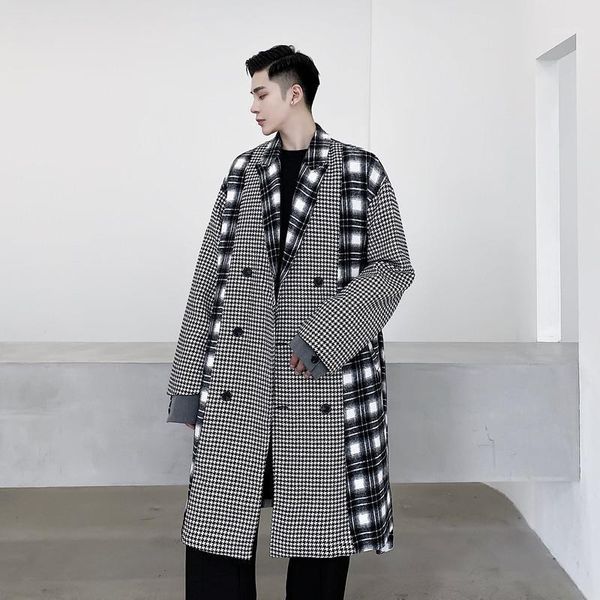 

male streetwear vintage casual trench jacket overcoat men houndstooth splice plaid long loose woolen trenchcoat outerwear1, Black