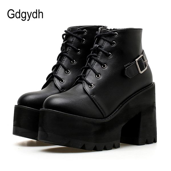 

gdgydh spring black ankle booties shoes women round toe platform autumn boots thick high heels lace up and buckle ladies shoes y200723