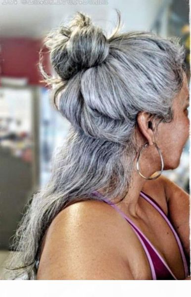 

custom gray human hair ponytail salt and pepper long wavy grey hairpiece virgin hair ponytail 10a drawstring clip in hair extension, Black