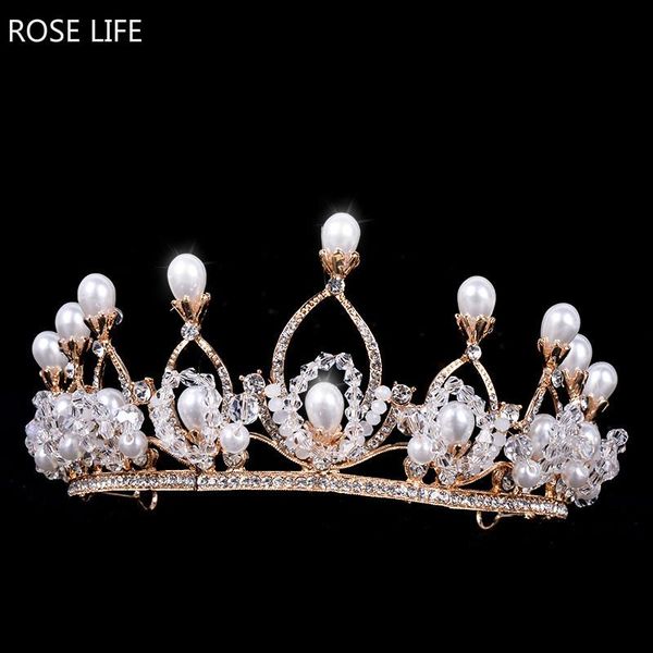 

rose life bridal wedding tiara crown wedding dress accessories korean handmade crown new crystal hair pearl headband, Golden;silver