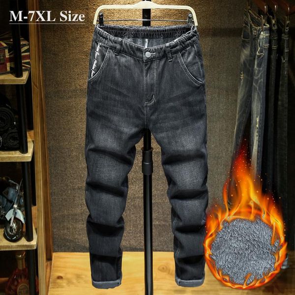 

plus size 5xl 6xl 7xl winter men's jeans thicken fleece warm denim trousers elastic waist loose casual harem pants male brand, Blue