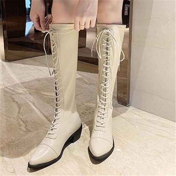 

2021 spring shoes women motorcycle boots pointed toe chunky heel riding botas female lace up knee high boots black brown beige
