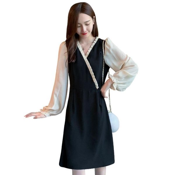 

hepburn style french waist loose chiffon dress, Black;pink