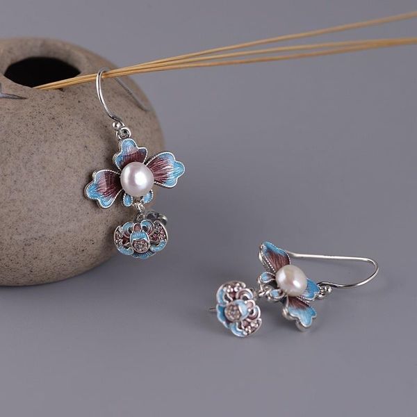 

original design natural synthetic pearl lotus leaf enamel porcelain earrings minority women silver brand jewelry