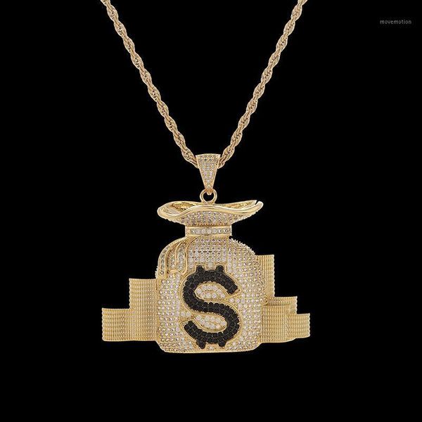 

hip hop full cz stone paved iced out bling gold color us dollar money bag pendants necklace for men rapper jewelry1, Silver