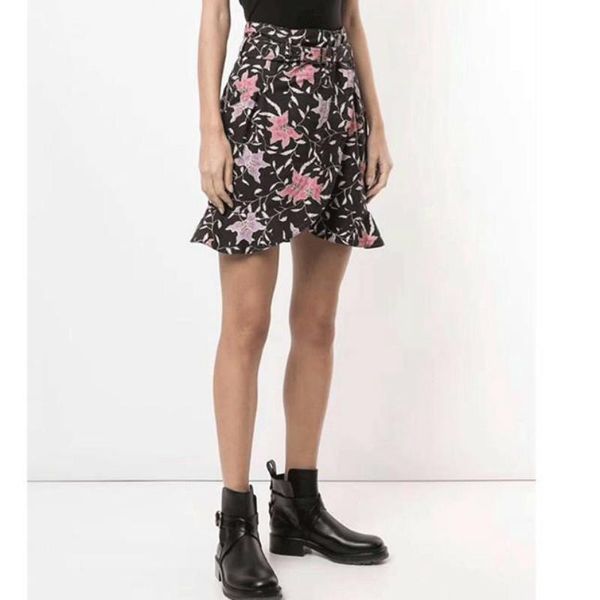 

skirts women skirt printed irregular design black lace-up high waist 100% cotton