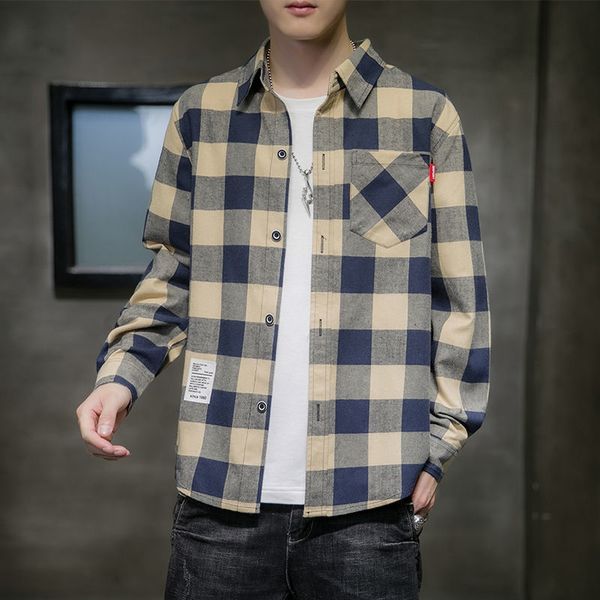 

spring and autumn loose plaid shirt men's jacket korean casual student male hong kong style long-sleeved shirt, White;black