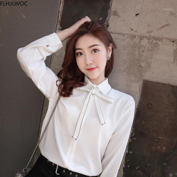

single breasted button white long sleeve shirts blouses autumn basic cute girls elegant office lady women bow tie 1