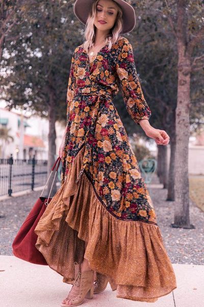 

2021 autumn new floor length dress womens long sleeve printing dress floral vintage irregular maxi dress mujer chic wrap, Black;gray