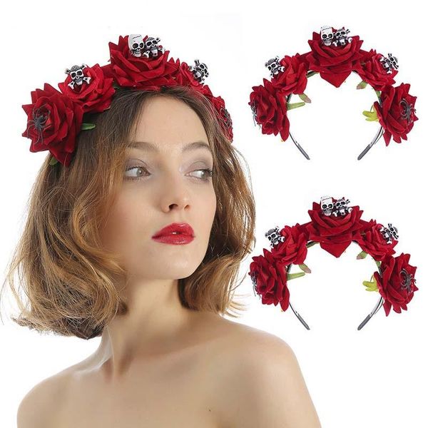 

2020 korean women rose flower headband girls artificial vintage skull hair accessories headdress crown wreath christmas headband