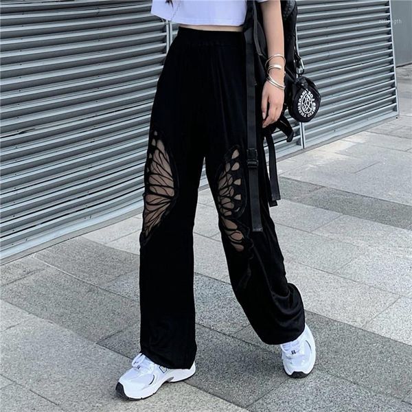 

hollow out butterfly straight trousers women autumn winter fashion brand long capris korean ins back casual loose wide leg pants1, Black;white
