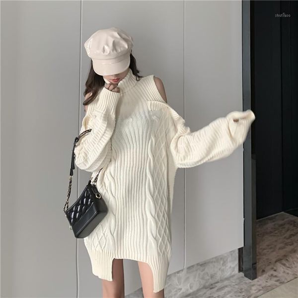 

fashion women's dress 2020 autumn and winter new mid-length high-neck off-the-shoulder loose loose sweater skirt1, White;black