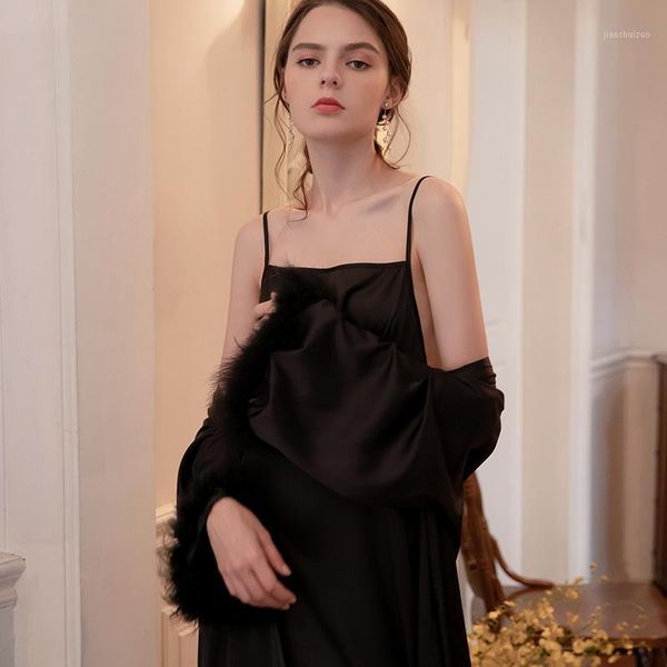 

women's new product suspender nightdress autumn and winter solid color silk belt feather over the knee two-piece suit1, Black;red