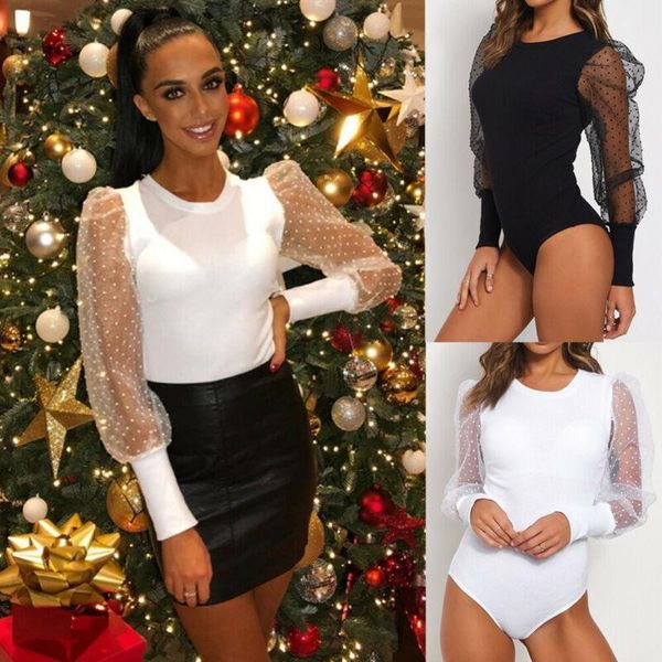 

new fashion womens puff sleeve jumpsuit bodysuit ladies casual stretch leotard t-shirt drop shipping good quality, Black;white