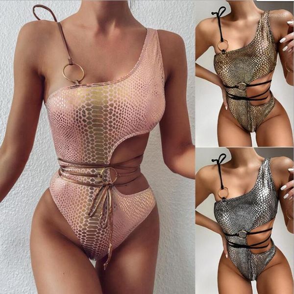 

women's swimwear style bikini one-shoulder feature is a snakeprint swimwear1, White;black