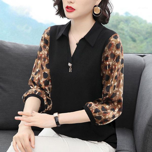 

women spring summer style chiffon blouses shirts lady casual v-neck half sleeve leopard patchwork blusas zz05481, White