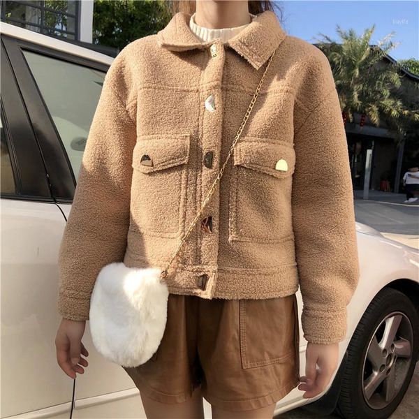

white khaki pink lolita korean women warm lambswool plush crop pocket single breasted metal button jacket coat autumn1, Black;brown