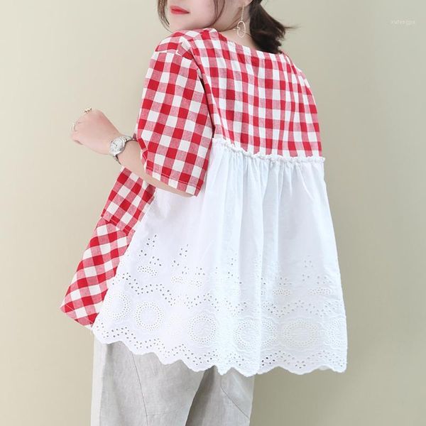 

ewq] 2020 summer new pattern round collar short sleeve plaid patchwork pullovers vintage t-shirt women large size ak89401xl1, White