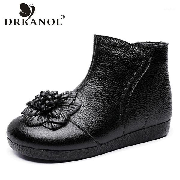 

drkanol women winter snow boots handmade sewing genuine leather flower thick plush flat ankle boots women warm shoes big size 411, Black