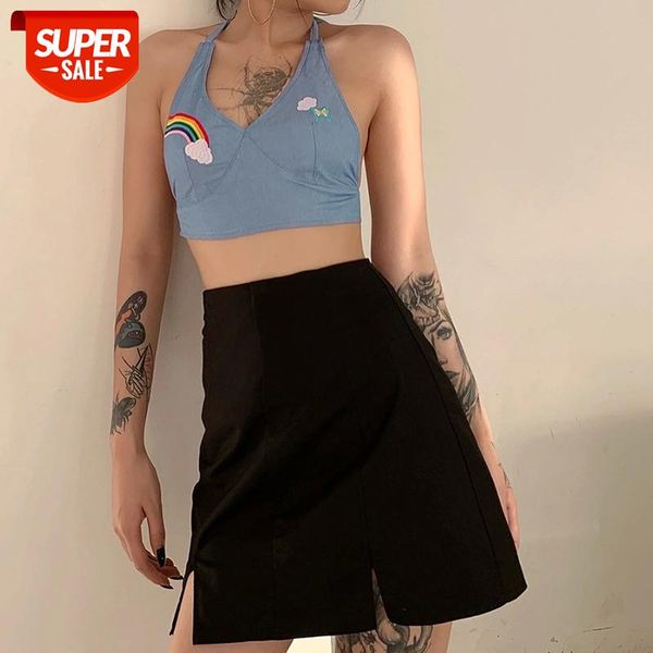 

Y2k Aesthetic Sexy Women\u2019s Embroidery Printing Bustier Tops Deep V-neck Backless Bandage Lace-up Crop Halter Vest Clothes #FY57, White