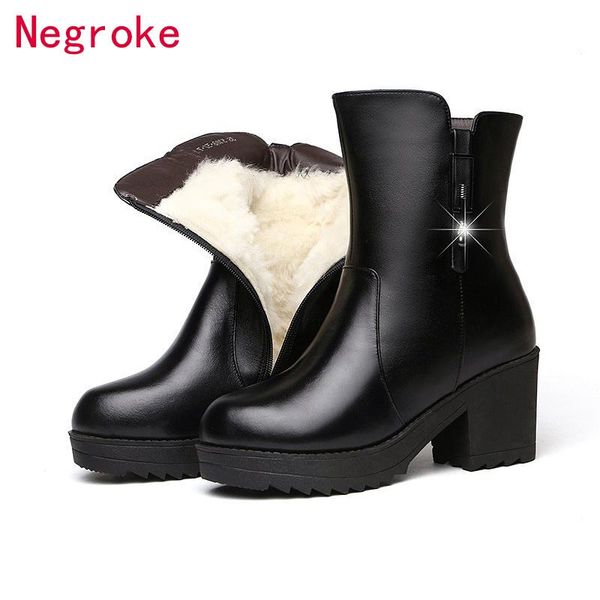 

boots 2021 winter black leather women keep warm thick wool square heel snow plus size shoes zapatos mujer