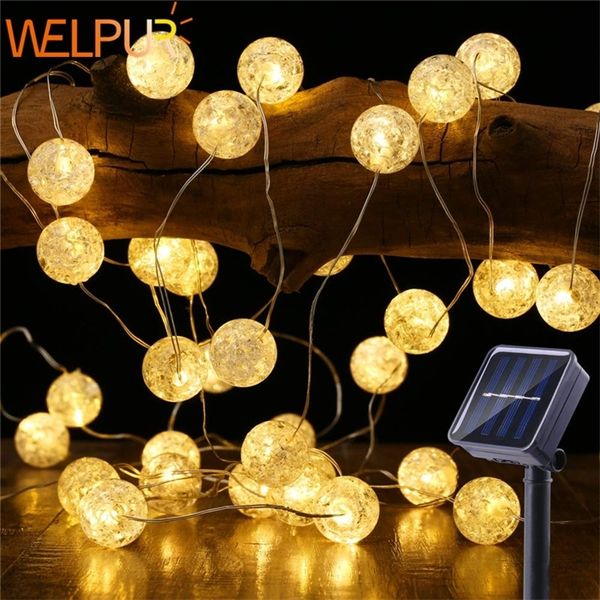 Globo conduzido luzes solares luzes 5m 50led crackle bola ao ar livre, 8 modos luzes de fadas quente branco interior decorativo jardim luz 201211